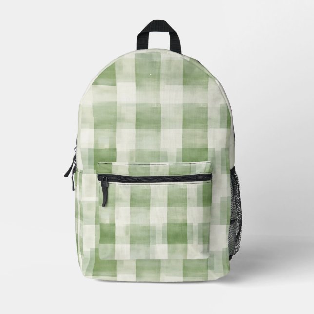 Country Green Cream Plaid Stripes Printed Backpack (Front)