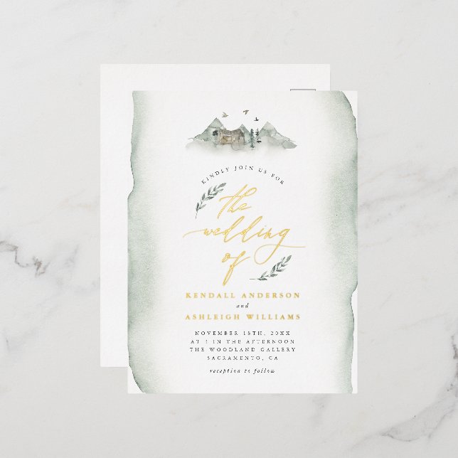 Country Green Watercolor Leaves & Mountain Wedding Foil Invitation Postcard (Front/Back)