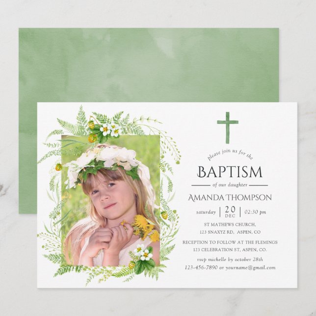Country Greenery Baptism or Christening Invitation (Front/Back)