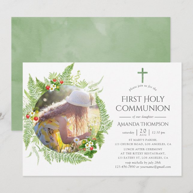 Country Greenery First Holy Communion Invitation (Front/Back)