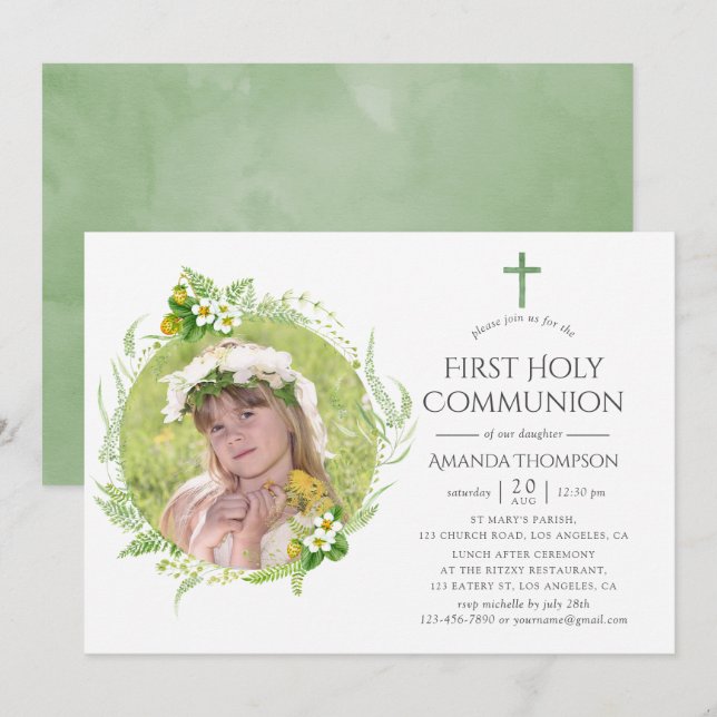 Country Greenery First Holy Communion Invitation (Front/Back)