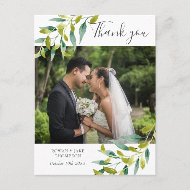 Country Greenery Wedding Photo Thank You Postcard (Front)