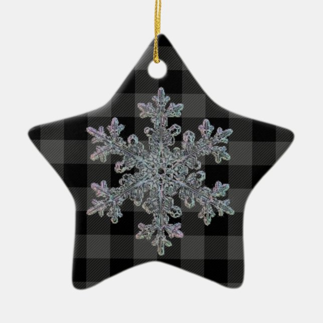 Country grey and black plaid -snowflake ceramic tree decoration (Front)