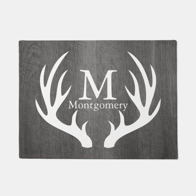 Country Grey Distressed Wood White Deer Antlers Doormat (Front)