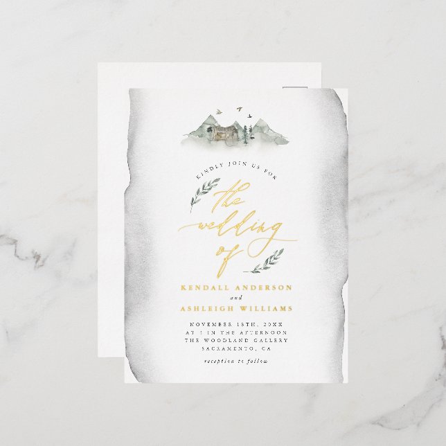 Country Grey Watercolor Leaves & Mountain Wedding Foil Invitation Postcard (Front/Back)