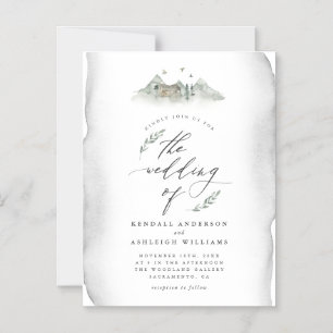 Country Grey Watercolor Leaves & Mountain Wedding Magnetic Invitation