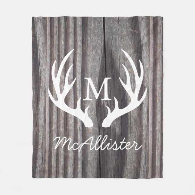 Country Grey Wood Deer Antlers Personalised Fleece Blanket (Front)