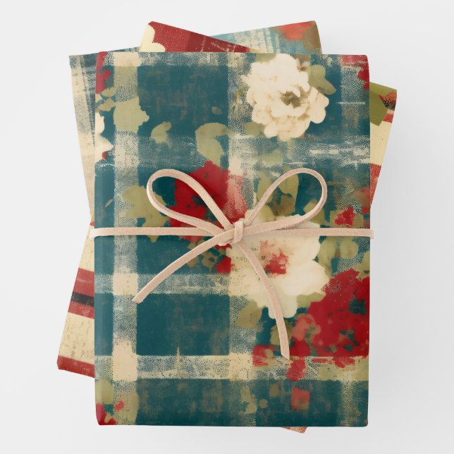Country Grunge Distressed Plaid Floral Decoupage Wrapping Paper Sheet (In situ)