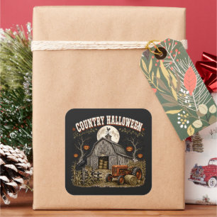 Country Halloween Pumpkin Barn Farm Tractor Square Sticker