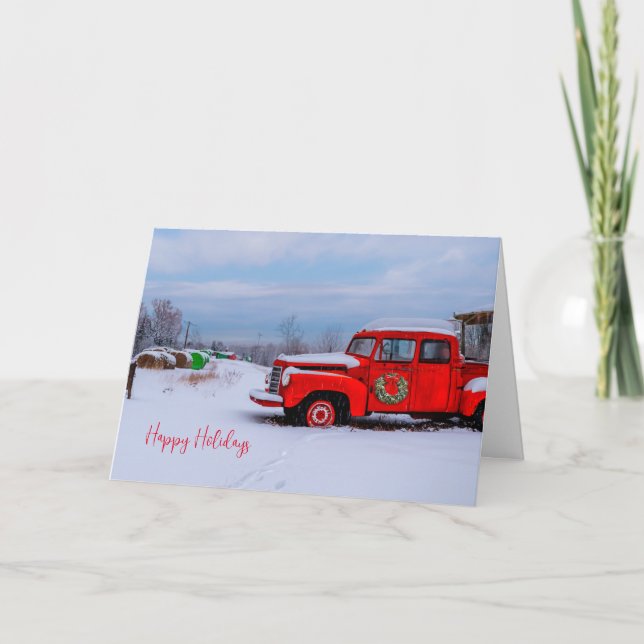 Country Happy Holidays Snow Red Truck  Holiday Card (Front)