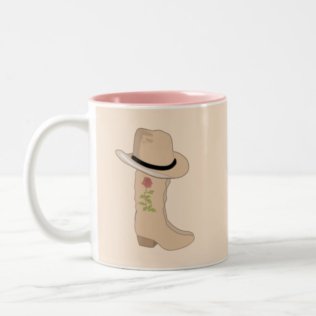 Country Hat & Boots  on Beige  Two-Tone Coffee Mug (Left)