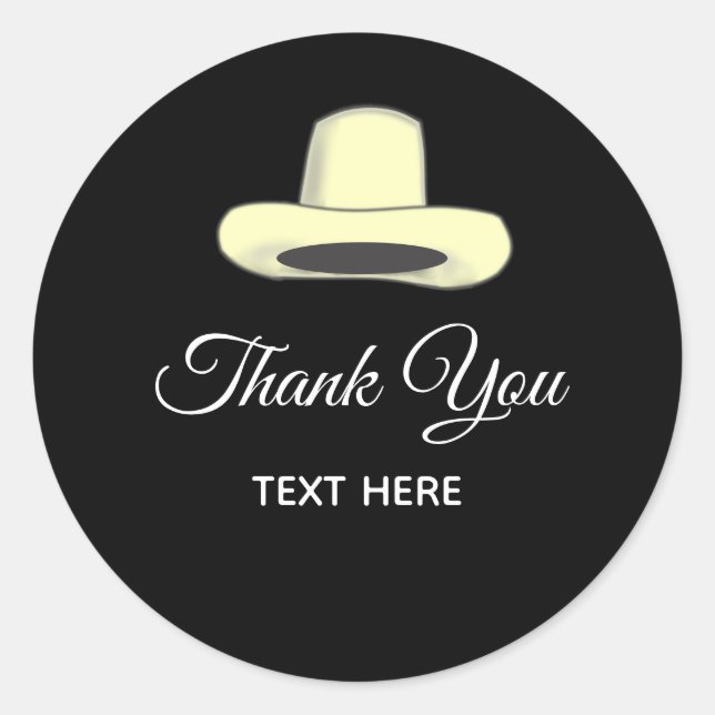 Country Hat & Calligraphy on Black Thank You Classic Round Sticker (Front)
