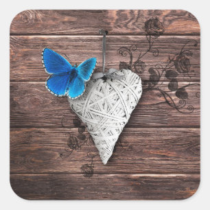 Country Heart and Butterfly On Wood Square Sticker