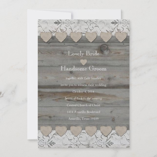 Country Hearts Lace Wood Wedding Invitation (Front)