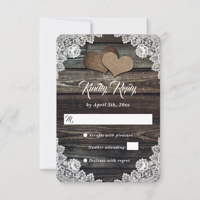 Country Hearts Wood Floral Lace Rustic Wedding RSVP Card (Front)