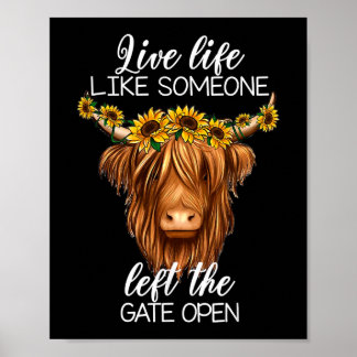 Country Heifer Highland Cow With Sunflowers Farm F Poster