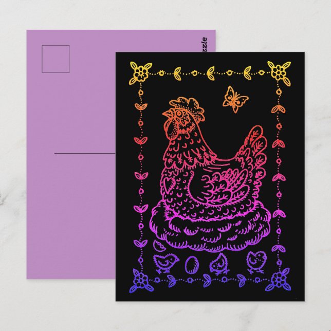 COUNTRY HEN, EGG, CHICK & FOLK ART BORDER POSTCARD (Front/Back)