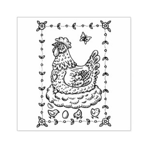 COUNTRY HEN, NEST, EGG, CHICK FOLK ART BORDER nice Rubber Stamp