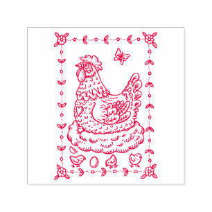 COUNTRY HEN, NEST, EGG, CHICK FOLK ART BORDER nice Self-inking Stamp