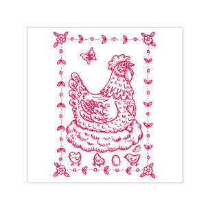 COUNTRY HEN, NEST, EGG, CHICK FOLK ART BORDER nice Self-inking Stamp