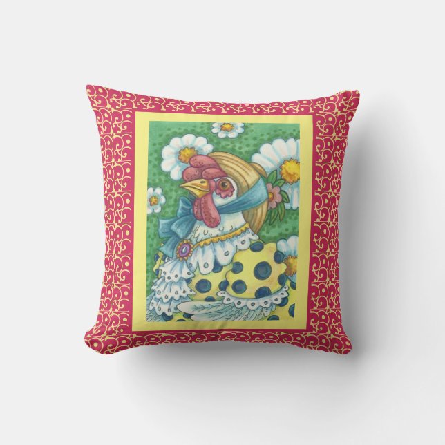 COUNTRY HEN, POLKA DOT CHICKEN THROW PILLOW Red (Front)