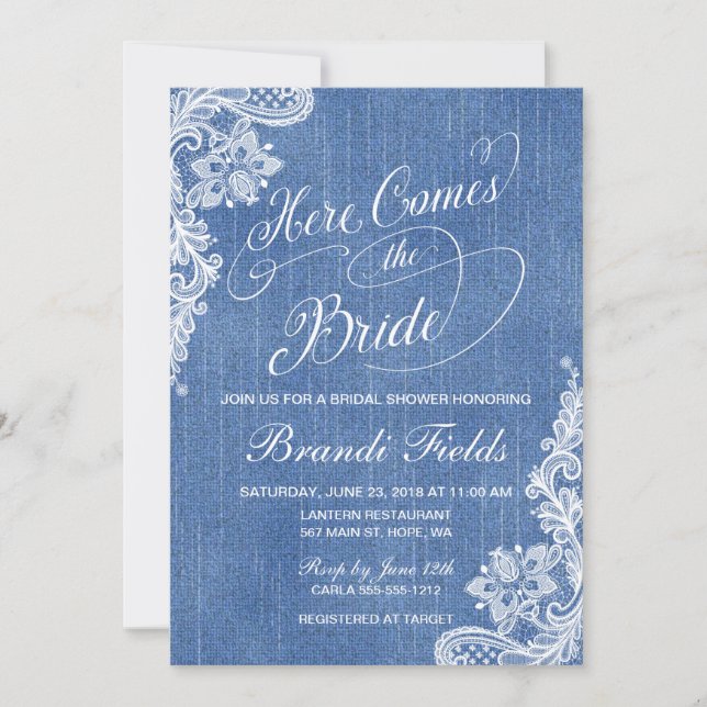 Country Here Comes the Bride Shower in denim Invitation (Front)