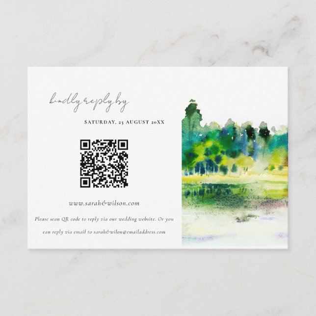 Country Hills River Landscape Wedding QR Code RSVP Enclosure Card (Front)