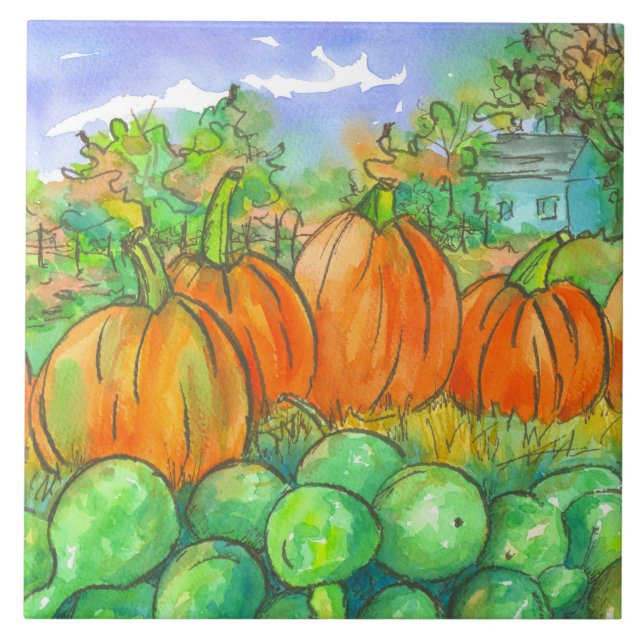 Country Home Pumpkin Patch Autumn Trees Tile (Front)