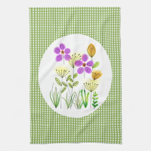 Country Home-style Gingham and Wildflower Kitchen Tea Towel