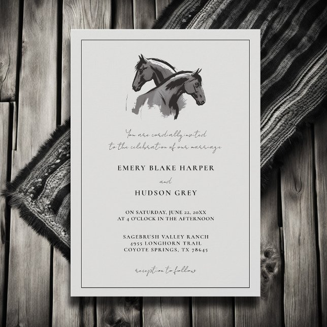 Country Horses Frame Western Elegant BW Wedding Invitation (country wedding invitation western cowboy horses art sketch frame black white elegant rustic modern)