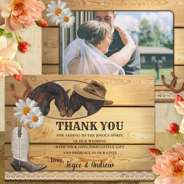 Country Horses Rustic Wedding Photo Thank You Card (Creator Uploaded)