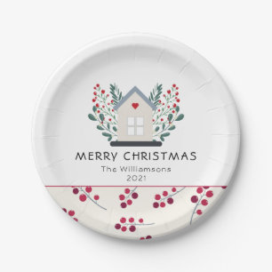 Country House and Berries Family Name Holiday Paper Plate