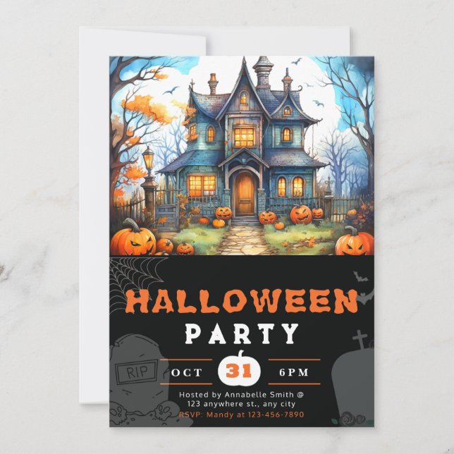 Country House Jack-O' Lanterns Black Halloween Invitation (Front)