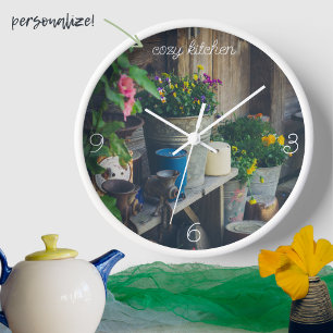 Country house porch adorned with vibrant pansies clock