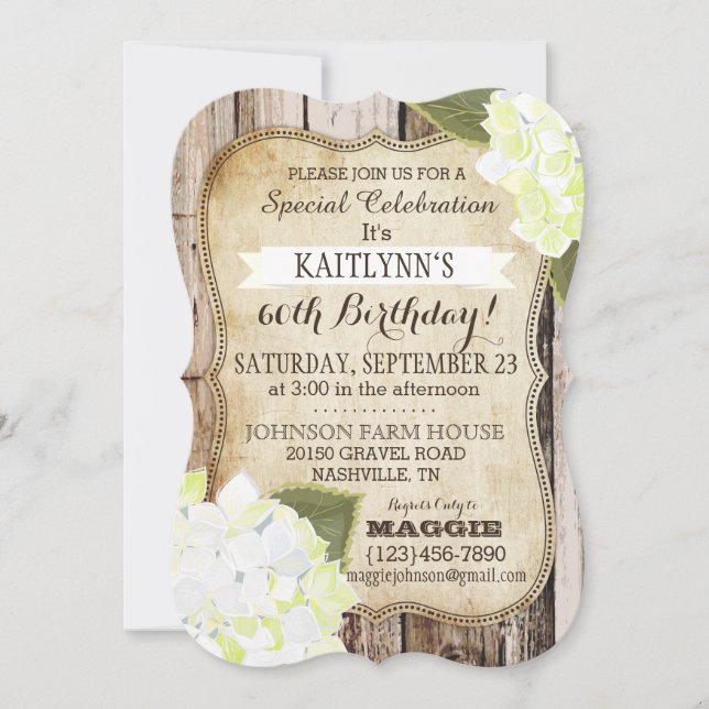 Country Hydrangeas and Rustic Wood Birthday Invite (Front)