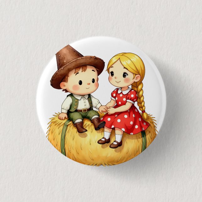 Country Kids on a Hay Bale 3 Cm Round Badge (Front)
