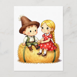 Country Kids on a Hay Bale,  Postcard