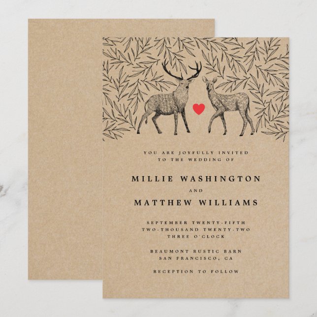 Country Kraft Woodland Buck Doe Botanical Wedding Invitation (Front/Back)