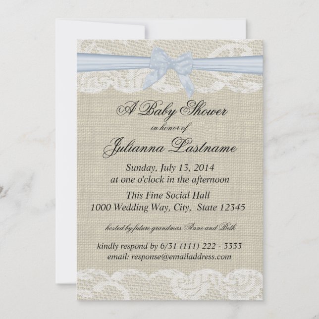 Country Lace and Burlap with Baby Blue Bow Shower Invitation (Front)