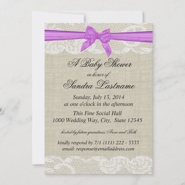 Country Lace and Burlap with Purple Bow Shower Invitation (Front)