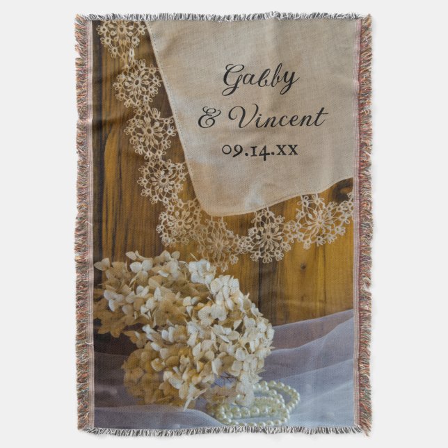 Country Lace and Flowers Barn Wedding Keepsake Throw Blanket (Front Vertical)