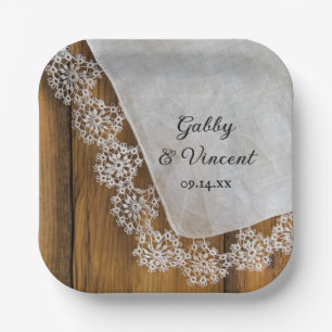 Country Lace and Rustic Barn Wood Wedding Paper Plate
