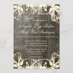 Country Lace and Wood Rustic Wedding Invitation