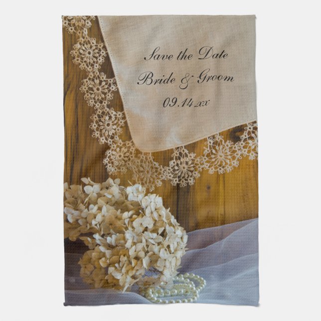 Country Lace Flowers Barn Wedding Save the Date Tea Towel (Vertical)