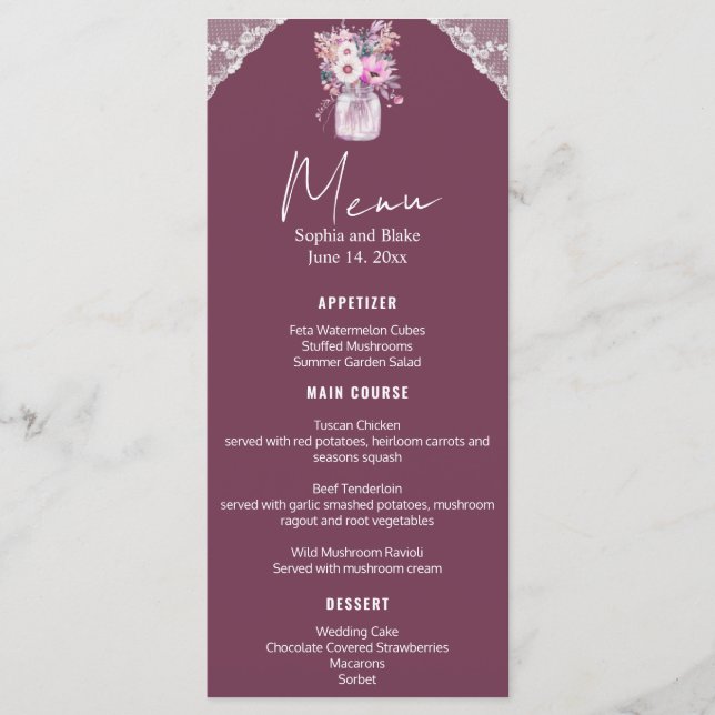Country Lace Mason Jar Burgundy Wedding Menu (Front)