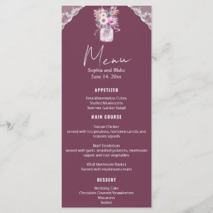 Country Lace Mason Jar Burgundy Wedding Menu