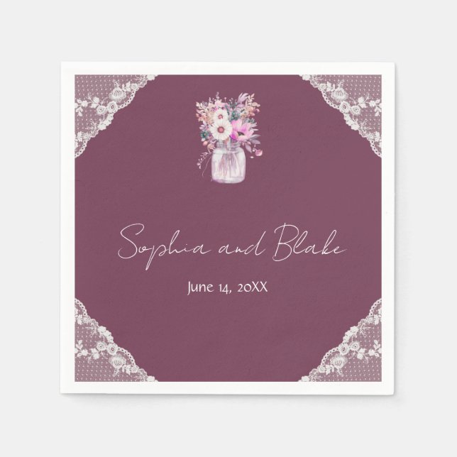 Country Lace Mason Jar Burgundy Wedding Napkin (Front)