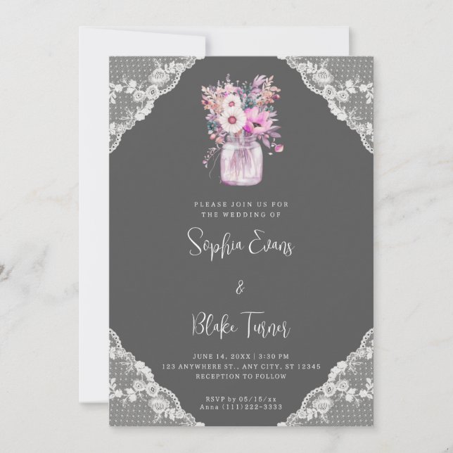 Country Lace & Mason Jar Flowers Grey Wedding Invitation (Front)
