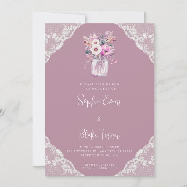 Country Lace & Mason Jar Flowers Pink Wedding Invitation (Front)