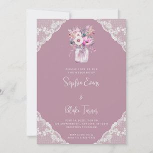 Country Lace & Mason Jar Flowers Pink Wedding Invitation
